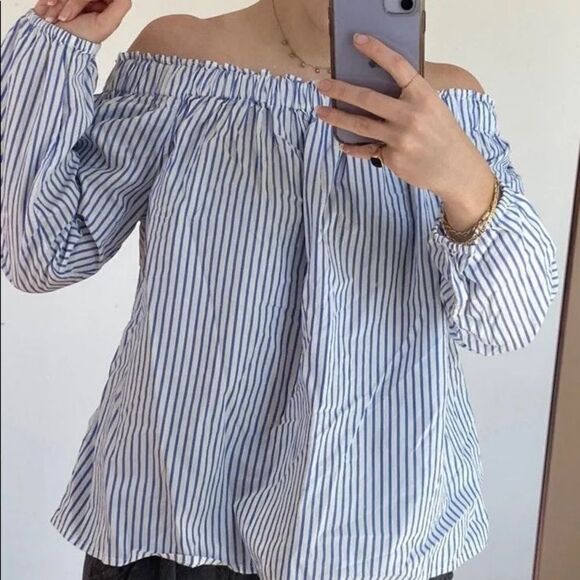 GAP Cotton Oversized Striped Off Shoulder Blouse Blue White S - Picture 6 of 7